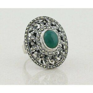 Large Sterling Silver Green Onyx and Marcasite Ring Size 5 3/4